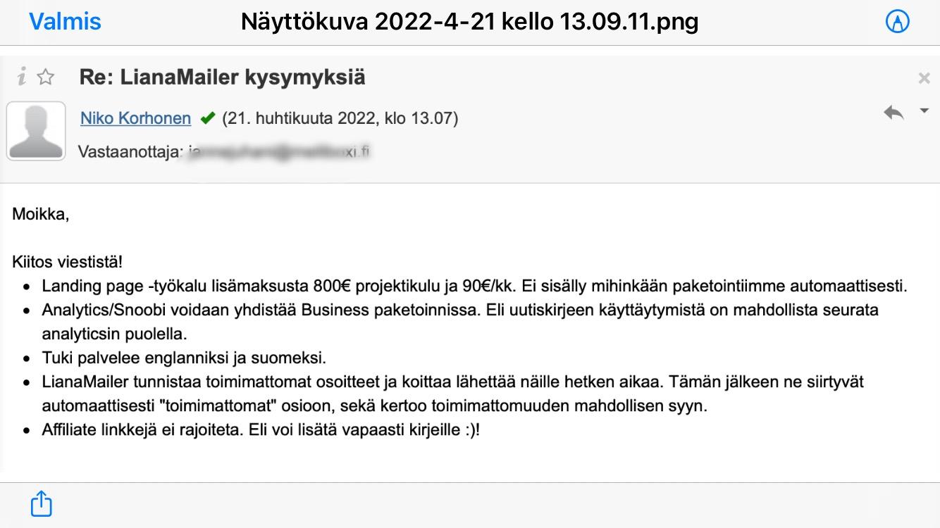 LianaMailer asiakastuki.