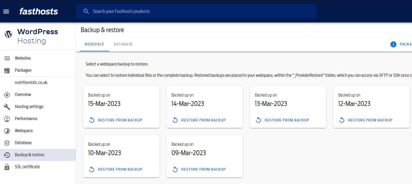 Fasthosts WordPress admin panel: backup and restore tools