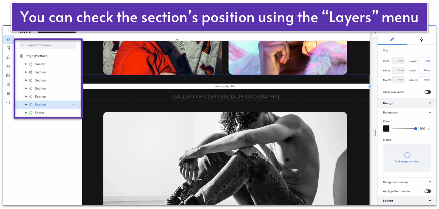 Wix Guide Portfolio Site Module 6, checking a section's position on the "layers" menu