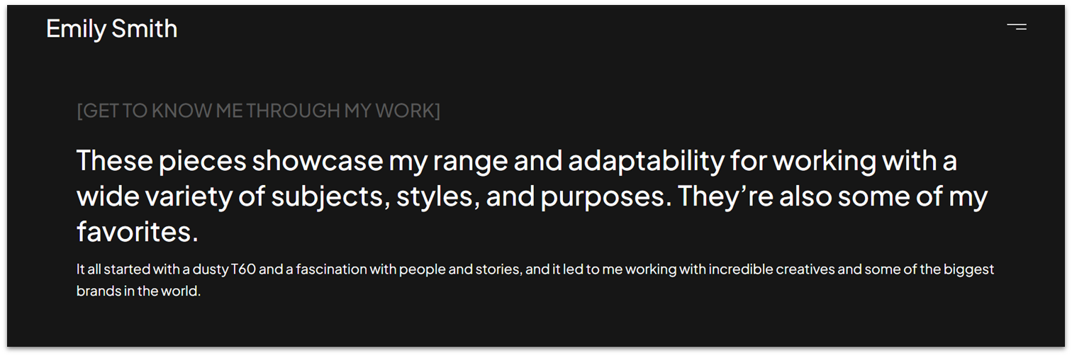 Wix Guide Portfolio Site Module 6, hero section preview