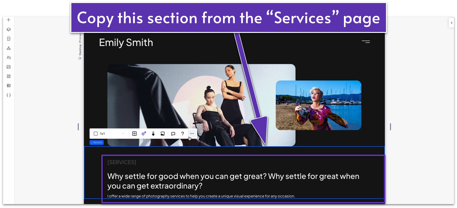 Wix Guide Portfolio Site Module 6, copying text section from "services" page