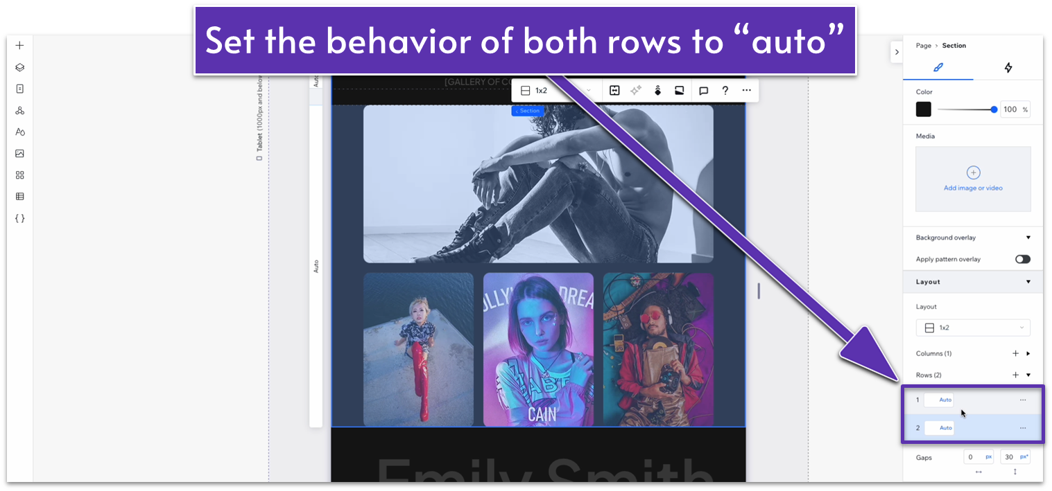 Wix Guide Portfolio Site Module 6, changing the row behavior on tablet view