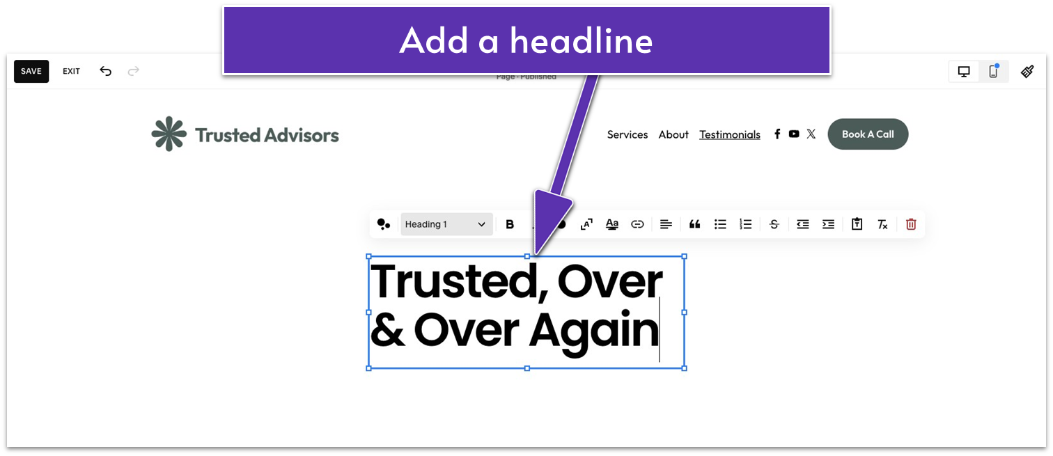 A screenshot from the Squarespace editor showing how to add a new headline