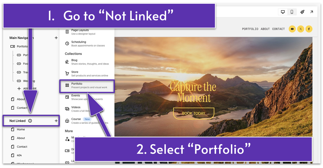 A screenshot from the Squarespace interface showing how to add a Portfolio page template