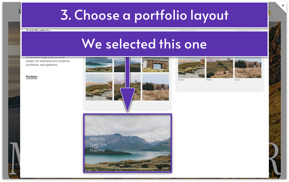 A screenshot from the Squarespace interface showing a recommended Portfolio page layout