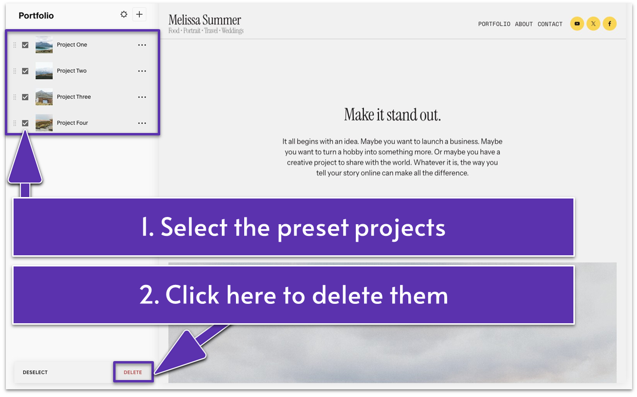 A screenshot from the Squarespace interface showing how to delete preset projects