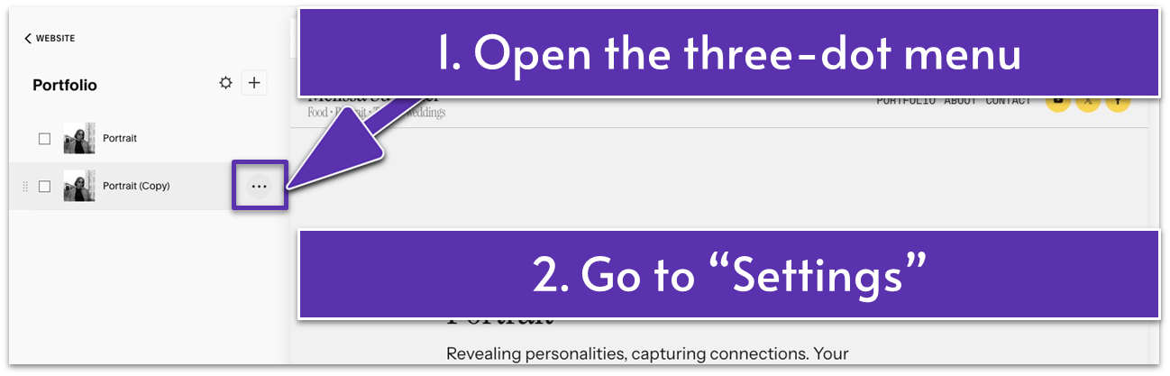 A screenshot from the Squarespace interface showing where to access page settings