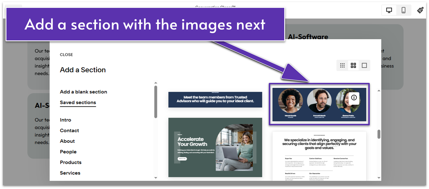 A screenshot from the Squarespace editor showing how to add a saved section