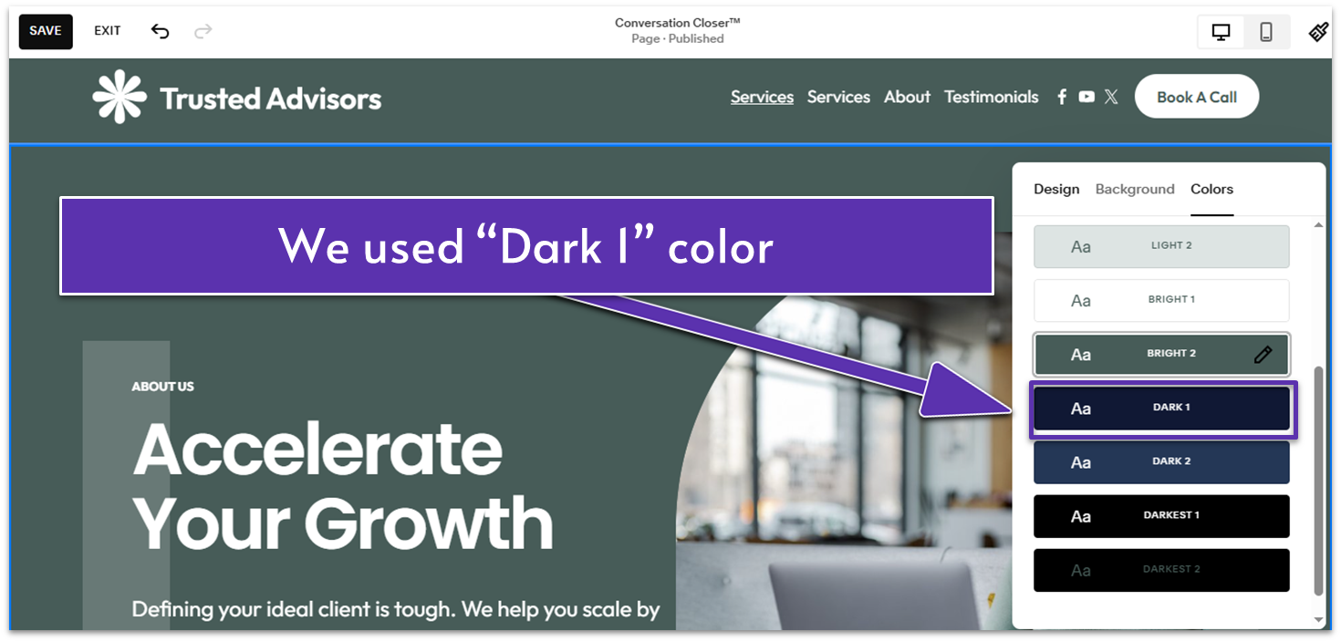 A screenshot from the Squarespace editor showing how to change a section's color theme